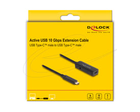 DeLock aktivt sort USB-C-forlængerkabel på 5 meter vist på den gule detailæske med 10 Gbps.