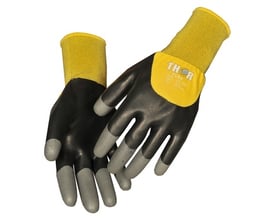 Thor Flex Dry arbejdshandsker i størrelse 8 med sort belægning og gule manchetter, beskyttende nitrilgranulat på fingerspidserne for øget greb.
