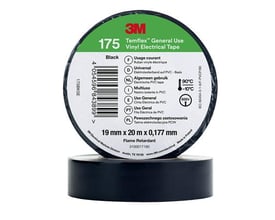 3M Temflex 175 vinyl eltape i sort, 19 mm x 20 m, viser produktets etiket med diverse specifikationer og en rulle tape.