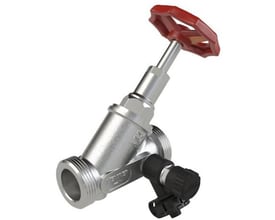 Kemper Niro fristrømsventil i rustfrit stål, 1 1/4", med rød betjeningshjul og sort aftapningsventil monteret.