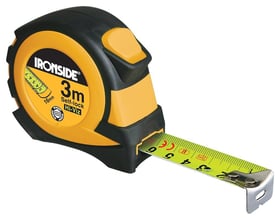 Ironside selvlåsende båndmål på 3 meter med gul-sort gummikapsel og fluorescerende 16 mm målebånd trukket ud.