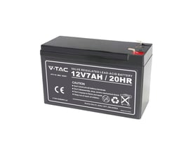 V-TAC Pro serie 7Ah blysyrebatteri med dimensioner 151x100x65 mm, fremstillet i ABS.