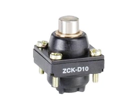 Schneider Electric ZCKD10 endestophoved set fra siden, med tydelig mærkning ZCK-D10, vist med monteringsskruer på sort plastikhus.