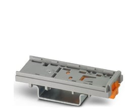 Phoenix Contact bæreskinneadapter PTFIX 1,5-NS35, 58,1 mm lang, grå med orange detaljer.