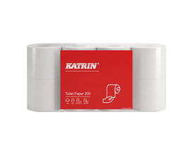 Katrin toiletpapir 181402 i hvid, 2-lags og 25 meter, vist som ruller samlet i rød emballage.