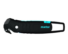 Martor Secumax 350 sikkerhedskniv i sort med blå detaljer og synligt Martor logo, med en 6mm klingedybde.