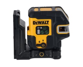 Nærbillede af DeWalt DCLE14251GB-XJ krydslinjelaserens kontrolpanel med ikoner for lås, strøm og laserfunktioner.