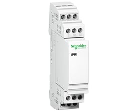 Schneider Electric iPRI overspændingsafleder til svagstrøm, 48VDC, hvid med grønne detaljer og mærkat, viser terminaler.