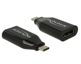 Sort Delock USB Type-C-til-HDMI-adapter med USB-C-stik og HDMI-hunport, vist fra begge ender.