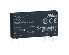 Schneider Electric Solid State Relay SSL1D101JD, 5 VDC, 100mA/1-48 VDC med schematisk diagram og UL/CE mærkning.