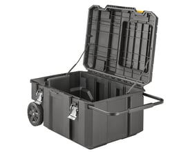 Åben DEWALT TSTAK værktøjskasse DWST17871-1 med hjul, viser det rummelige sorte indre og udtrækkelige håndtag.