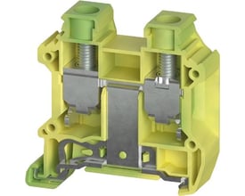 Wieland WTN-jordklemme til 16 mm² ledere i gul og grøn, vist med synlige skrueforbindelser og indre dele.