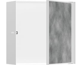 Hansgrohe vægniche i mathvid med en flisebar push-open låge i en 300/300/140 mm størrelse, udført i rustfrit stål.