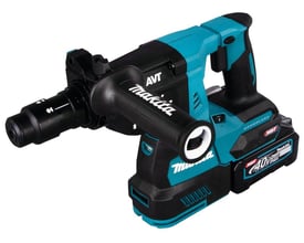 Makita bore-/mejselhammer 40V med SDS-Plus og udskiftelig patron, set fra siden med fokus på batteriet.