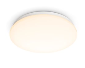 Philips Moire loftlampe i hvid plast, rund model med en diameter på 24 cm, der udsender varmt hvidt lys.