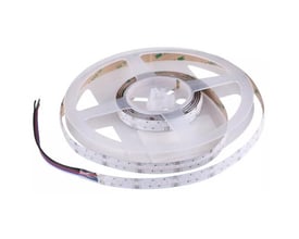 LEDlife COB-LED strip RGB+WW på en spole, 5 meter, 24V, med synlige tilslutningsledninger for montering.