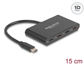 Detaljeret visning af Delock 4-port USB-C hub med 15 cm kabel, der viser alle fire USB-C hun porte og angiver op til 10 Gbps.