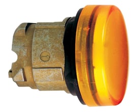 Schneider Electric lampehoved i orange plast og metal, Ø22 mm, egnet til BA9s glødelampe, vist fra siden.