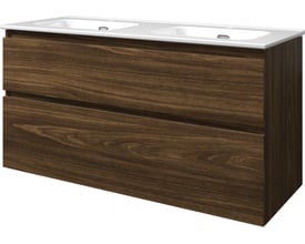 Sanibell Proline møbelsæt i cabana eg med to skuffer, 121x46cm, med integreret greb og hvid bordplade med to vaske.