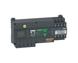 Schneider Electric TA10 omskifter med LCD display, 32A 4P, viser automatisk funktion og DIN-skinne montering.