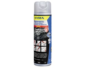 Lyra markeringsspray i sort farve, 500 ml, PROFI-serie, med klar mærkning af sort på flere sprog og symboler for anvendelse.
