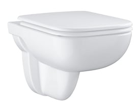 Isoleret billede af GROHE Start Edge Ceramic væghængt toilet i hvid, der fremhæver dets moderne, vægmonterede design og glatte overflade.