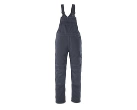 Mascot arbejdsbukser med seler i mørkeblå, fremstillet af 65% polyester og 35% bomuld med hvide syninger og flere lommer.