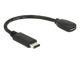 DeLOCK USB-C til Micro-B adapterkabel i sort, med en USB-C han og en Micro-B hun-stikforbindelse.