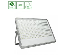 SpectrumLED Noctis Max projektør, 150W, grå, med synlige ikoner for 5 års garanti, IP65 og 85° spredning.