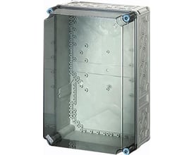 Hensel montagekasse MI0310 i grå (RAL 7035) med transparent låg og tydelige fastgørelsespunkter indeni.