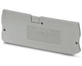 Phoenix Contact endeplade D-PT 4-QUATTRO i grå med dimensionerne 77 mm længde, 2,2 mm bredde og 29 mm højde, præsenteret på hvid baggrund.