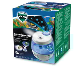 SweetDreams ultralyd luftfugter med afkølende damp og billedprojektering, vist på dens emballage med dyr og stjerner.
