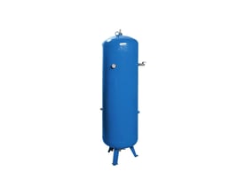 Blå vertikal tryklufttank på 90 liter og 11 bar, med manometer og kuglehane, på tre støtteben.
