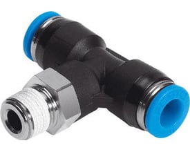 Festo T-forskruning QST-1/2-12 med 360° drejbarhed og udvendigt gevind med udvendig sekskant i sort plast med blå ringe.