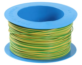 Nexans H07V2-K PVT90 1G1,5 installationsledning i gul og grøn, rullet op på en blå spole.