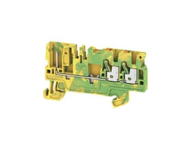 Weidmüller APGTB 2.5 PE 3C/1 gennemgangsklemme i grøn/gul med synlige metaldele og push-in-tilslutninger.