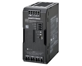 Omron S8VK-WB48024 3-faset strømforsyning, 24 VDC og 480 W, set skråt forfra med terminaler og ventilationsrist.