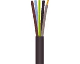 Detaljeret billede af gummikabel 5G1,5 H07RN-F, der viser de fem individuelle ledere med deres farvekodning og den ydre sorte gummiisolering.