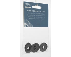 Pakke med seks sorte Nordic Quality gummipakninger 3/4" på hvid baggrund, tæt på emballagen.