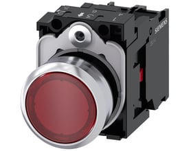 Siemens trykknap 22mm med skinnende rød metalfront og 1NC kontakt, viser bagsiden med monteringsdetaljer og mærkning.