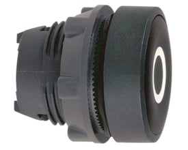 Schneider Electric Harmony Style 5 trykknap, sort med hvid cirkel, 22mm diameter, vist fra venstre side med detaljeret bagmontering.