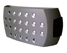 Gråt, perforeret filterdæksel fra Speedglas til Adflo åndedrætsværn, set skråt forfra med sort sideparti.