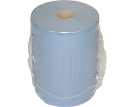 Blå aftørringspapir på stor rulle, 2-lags og 37 cm i diameter, indpakket i klar plastfolie.