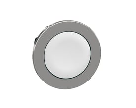 Schneider Electric Harmony XB4/ZB4 flush trykknaphoved i hvid farve med en plan trykflade og en rund, metalgrå ramme.
