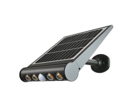 V-TAC 8W LED solcelle væglampe med bevægelsessensor, monteret på en væg, med kold lysfarve på 6500K.
