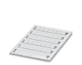 Overblik over et ark af Phoenix Contact Uni-Card mærkeark med 42 blanke hvide skilte, velegnet til klemmer på 8,2 mm.