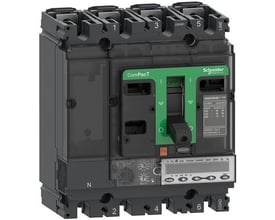 Schneider Electric ComPacT NSX100HB1 maksimalafbryder, 3-polet, 50A, med MicroLogic 6.2 EM display og grønt håndtag på mørk baggrund.