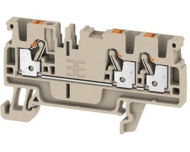 Detaljeret kig på Weidmüller A3C 2.5 gennemgangsklemme, fremhæver den beige farve og de indvendige push-in terminalmekanismer.