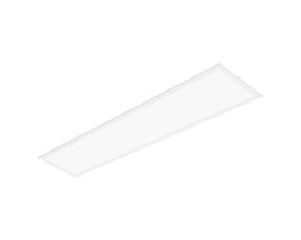 Hvidt LED-panel fra LEDVANCE, Panel Comfort DALI med Power Select, 33 W og formatet 120 x 30 cm, set skråt forfra.