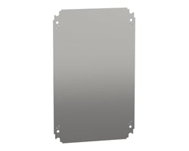 Schneider Electric montageplade i galvaniseret stål, størrelse 300x250mm, med fire prægede monteringspunkter i hjørnerne.